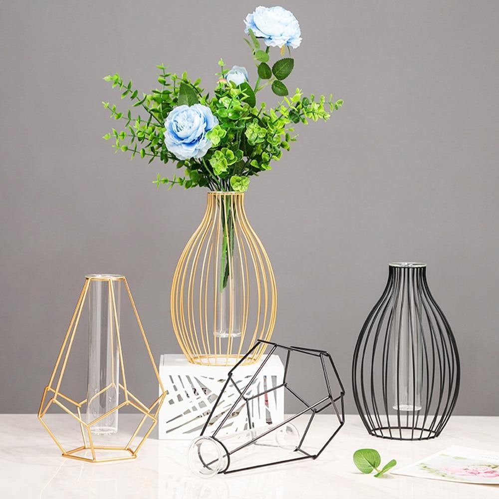 Rynx | FloraFrame Geometric Iron Vase with Glass Tube | Minimalist Design | Modern Decor for Home and Office