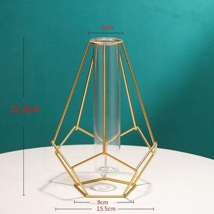 Rynx | FloraFrame Geometric Iron Vase with Glass Tube | Minimalist Design | Modern Decor for Home and Office