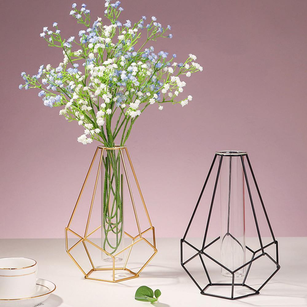 Rynx | FloraFrame Geometric Iron Vase with Glass Tube | Minimalist Design | Modern Decor for Home and Office