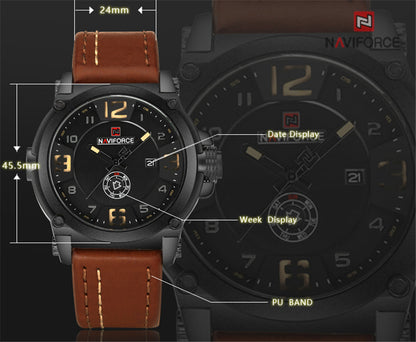 Rynx | NAVIFORCE Men's Watches Top Brand Luxury Sport Quartz-Watch Leather Strap Clock Men Waterproof Wristwatch relogio masculino 9099