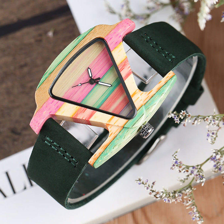 Rynx | Women's Colorful Wooden Triangular Quartz Wristwatch Green