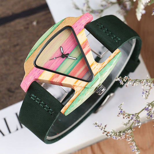 Rynx | Women's Colorful Wooden Triangular Quartz Wristwatch Green