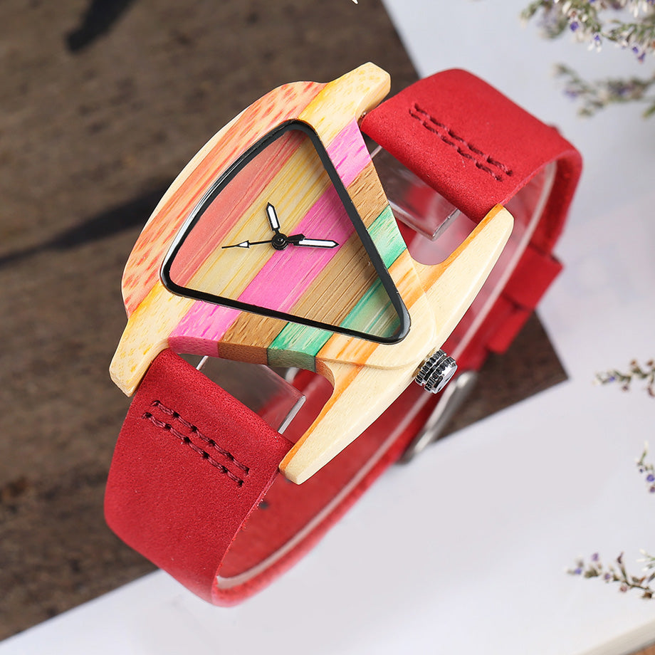 Rynx | Women's Colorful Wooden Triangular Quartz Wristwatch Red Band