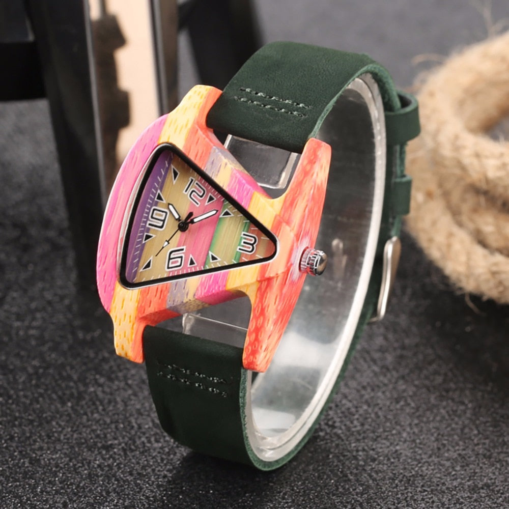 Rynx | Women's Colorful Wooden Triangular Quartz Wristwatch Green w Numbers