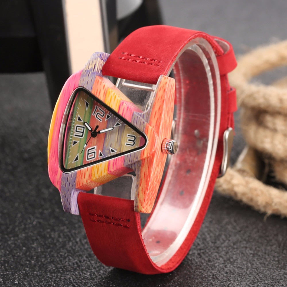 Rynx | Women's Colorful Wooden Triangular Quartz Wristwatch Red w Numbers