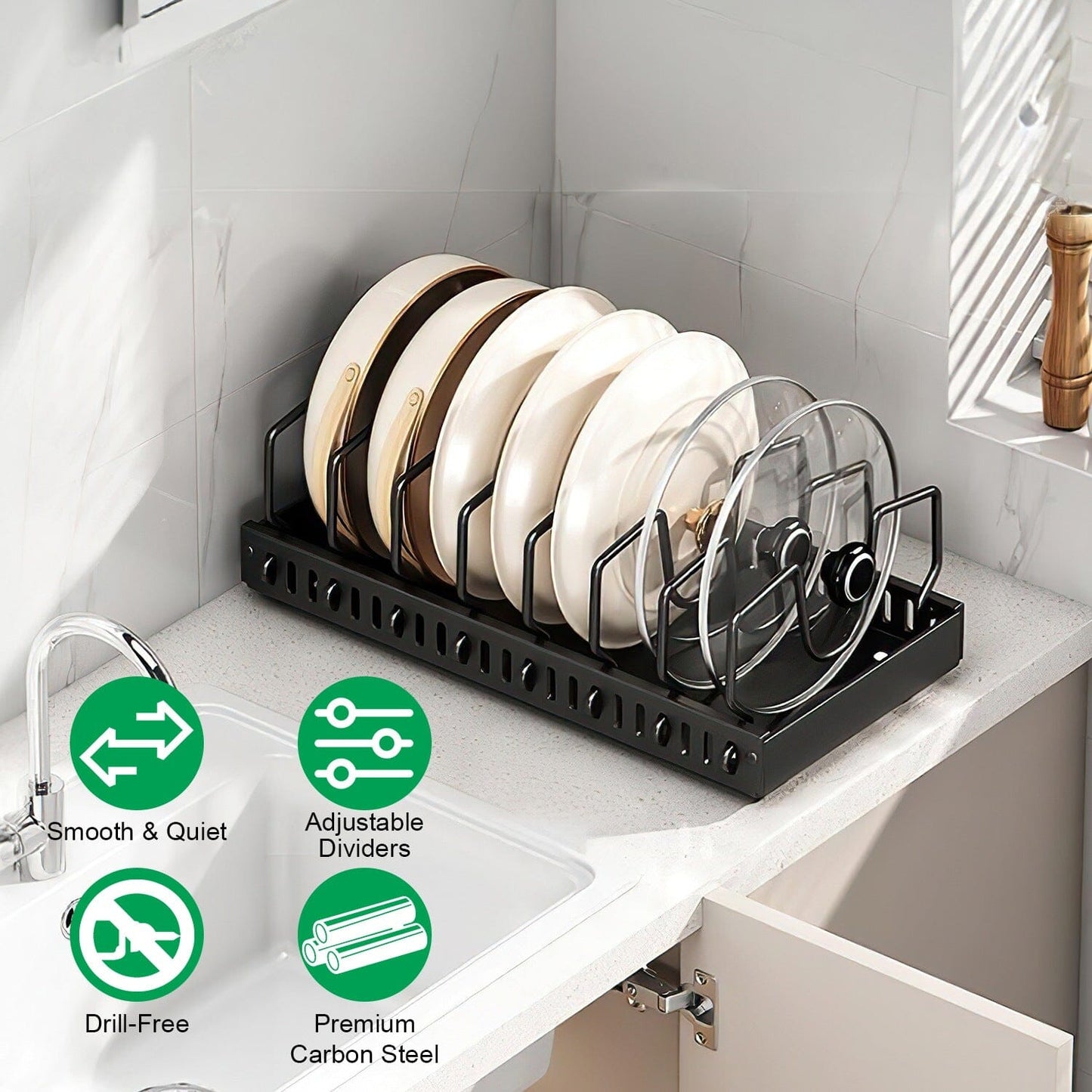 Rynx | Expandable pot and pan organizer with 8 adjustable dividers