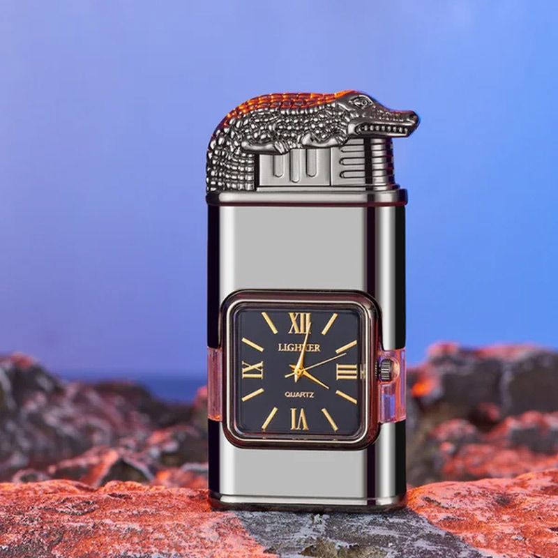 RYNX | Vintage Watch Bezel Jet Flame Pocket Lighter Black Crocodile