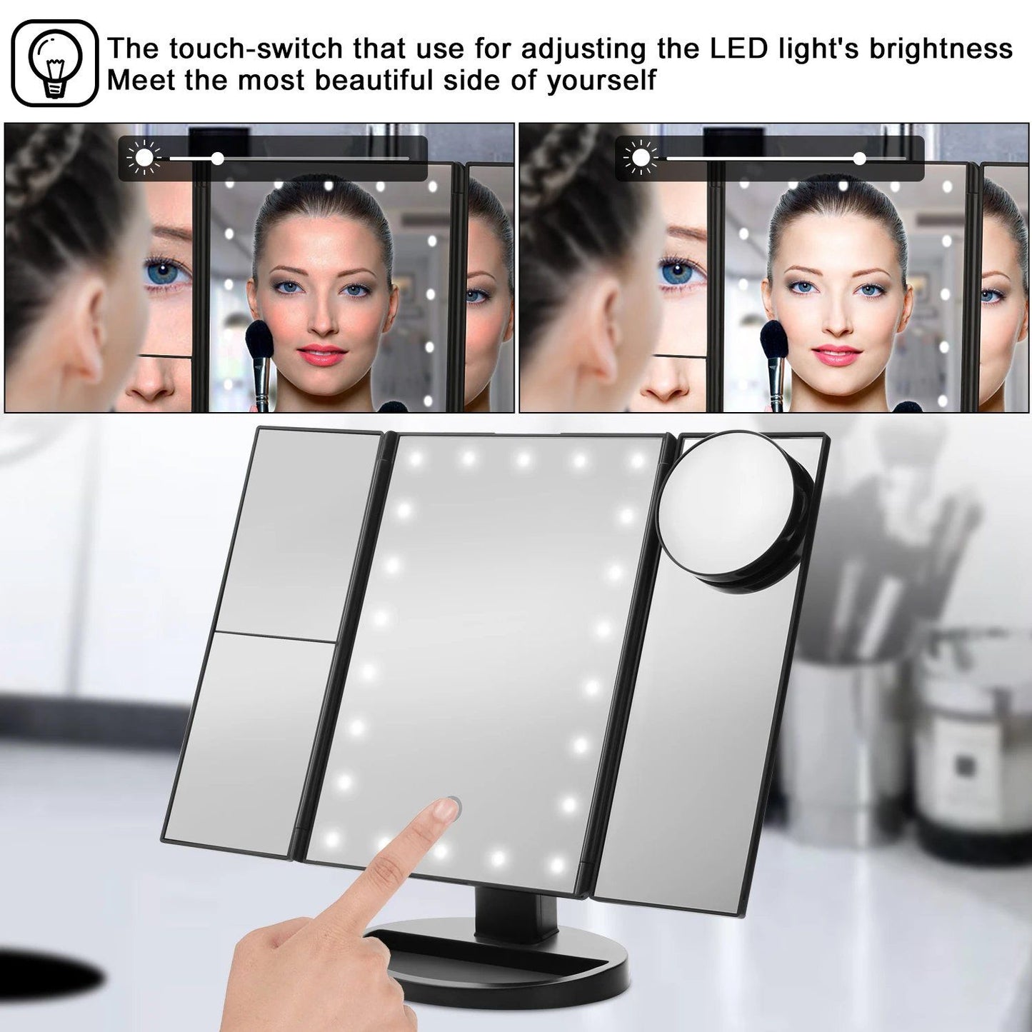 Rynx | Standing Makeup Mirror Vanity USB 21 LED Lights 10X 3X 2X 1X Magnification Black