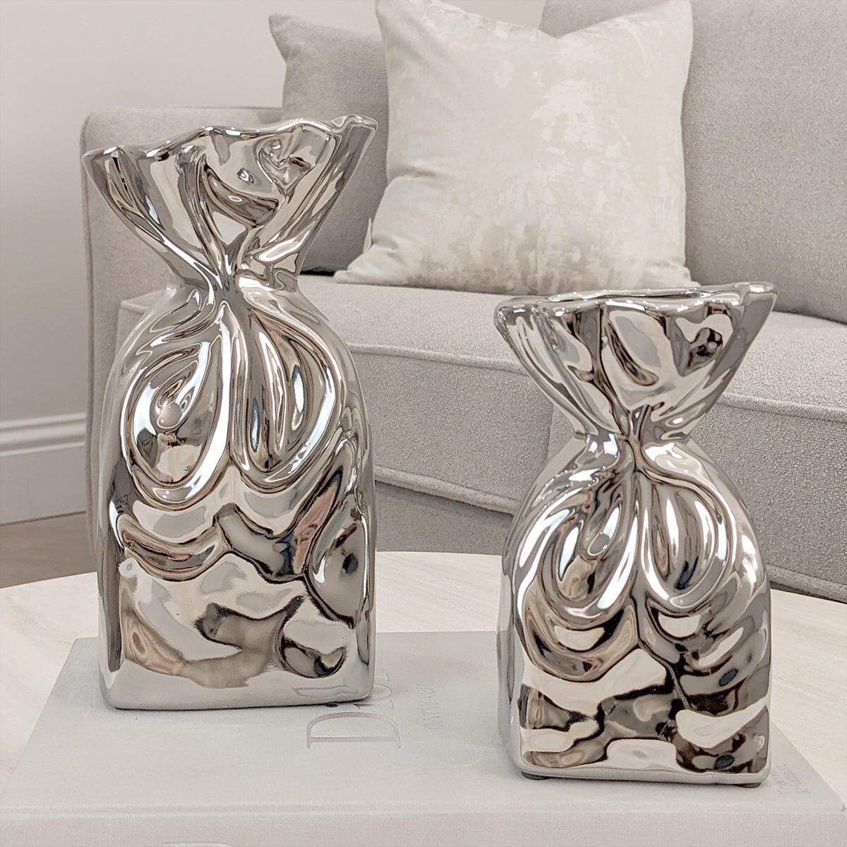 Rynx | Tesora Silver Curled Ceramic Bag Vases - Set of 2