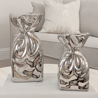 Rynx | Tesora Silver Curled Ceramic Bag Vases - Set of 2