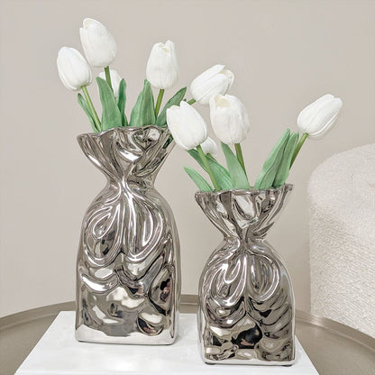 Rynx | Tesora Silver Curled Ceramic Bag Vases - Set of 2