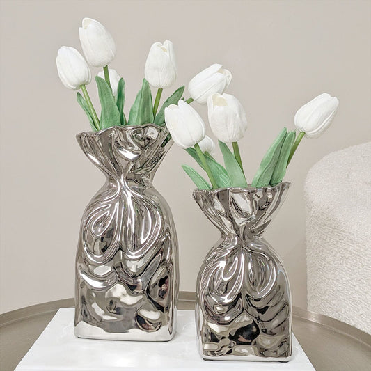 Rynx | Tesora Silver Curled Ceramic Bag Vases - Set of 2