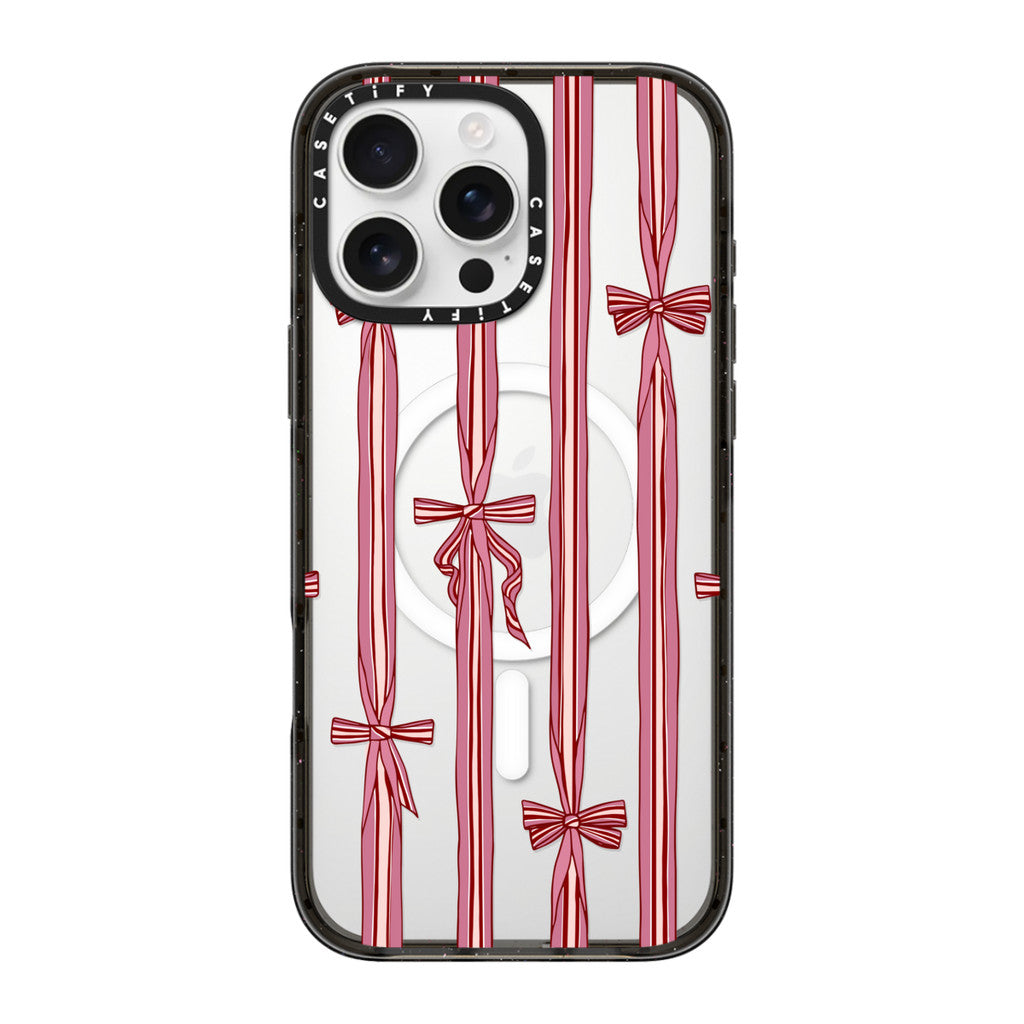 Rynx | Pink Ribbon Stripes iPhone Case – Transparent Soft MagSafe Cover with Cute Bow Design