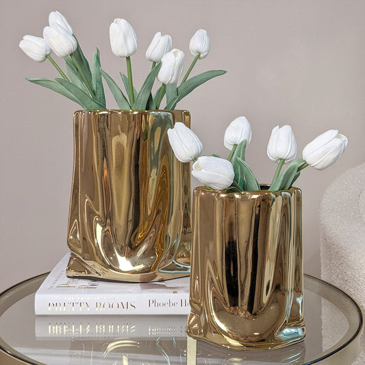 Rynx | Vega Paper Bag Style Gold Ceramic Vases - Set of 2