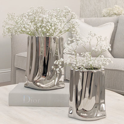 Rynx | Vega Paper Bag Style Silver Ceramic Vases - Set of 2