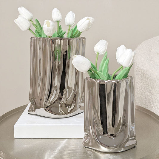 Rynx | Vega Paper Bag Style Silver Ceramic Vases - Set of 2