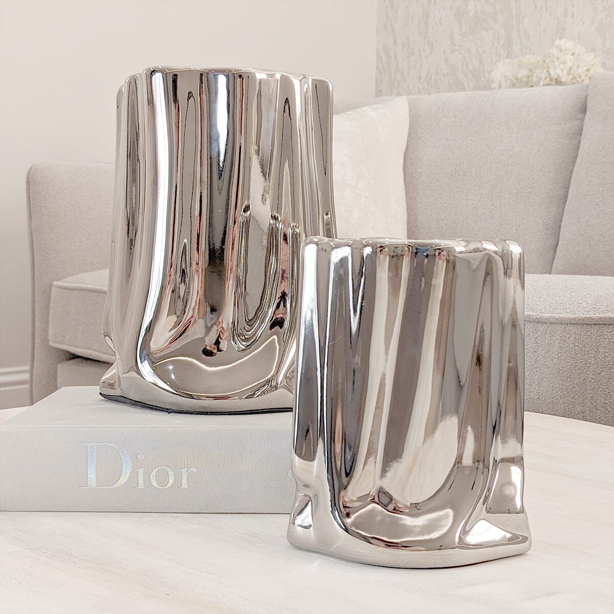 Rynx | Vega Paper Bag Style Silver Ceramic Vases - Set of 2
