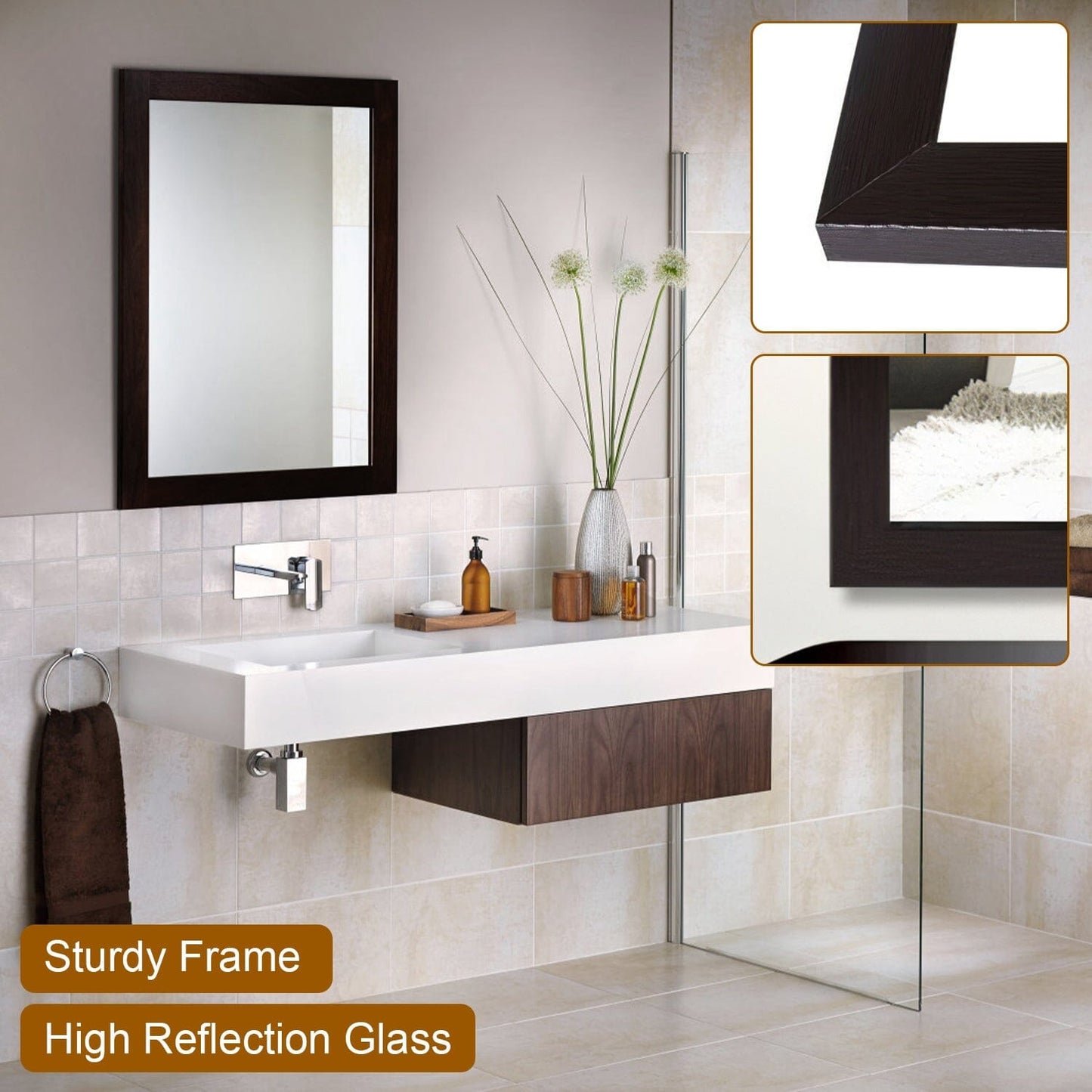 Rynx | Wall-Mounted Mirror Wood-Like Frame Rectangular Modern Hanging Mirror