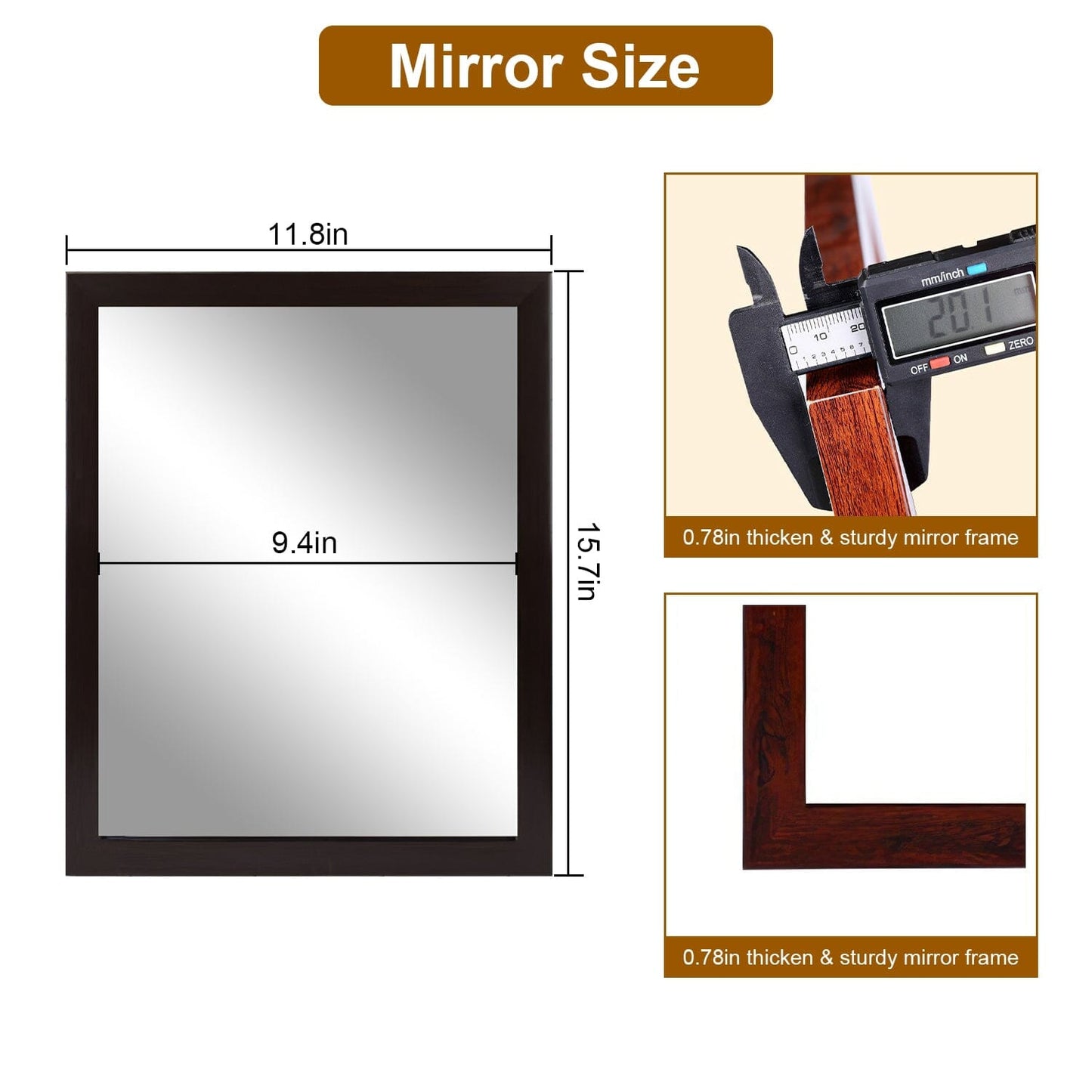 Rynx | Wall-Mounted Mirror Wood-Like Frame Rectangular Modern Hanging Mirror