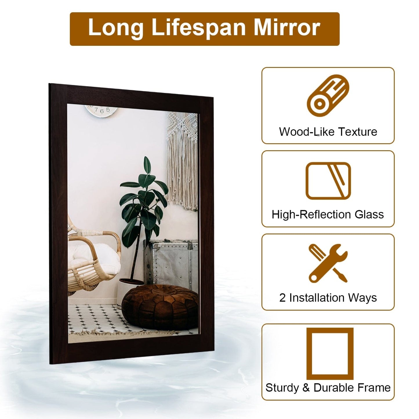 Rynx | Wall-Mounted Mirror Wood-Like Frame Rectangular Modern Hanging Mirror