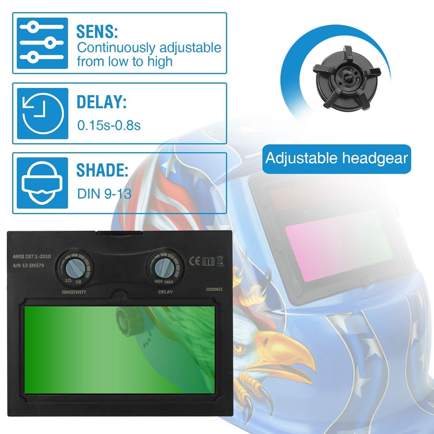 Rynx | Welding Helmet Solar Powered Automatic Darkening Hood with Adjustable Wide Screen